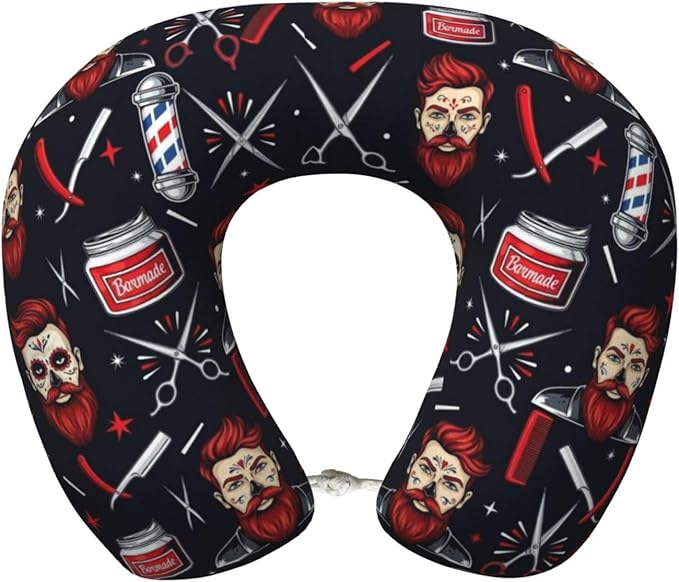 Support Neck Pillow for Youth Travel, Washable Airplane Chin Supporting and Relax U Shaped Pillows Vintage Barber Shop Tools
