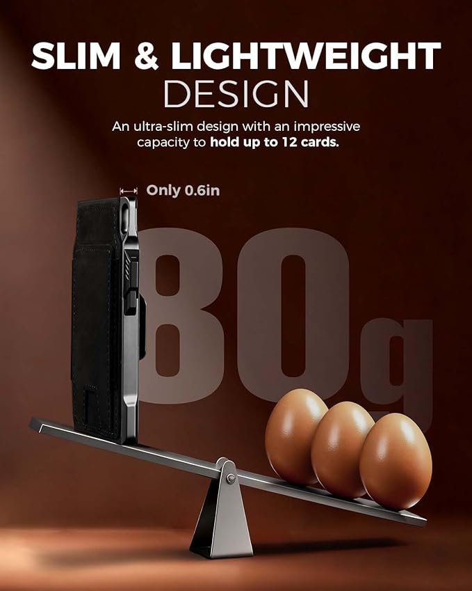 LORZOR Slim Wallet for Men- Minimalist Tactical Full Grain Leather Wallet for 12 Cards, RFID Blocking Aluminum Cardholder, Smart Pop Up Card Case, Front Pocket, Money Clip, Gift for Men(VintageBlack)