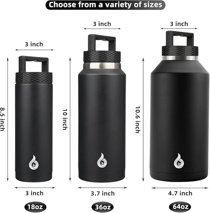 BJPKPK Half Gallon Water Bottle Insulated, Dishwasher Safe 64 oz Water Bottle with Handle, Leakproof BPA Free Thermal Flasks, Large Stainless Steel Jug for Sports, Black