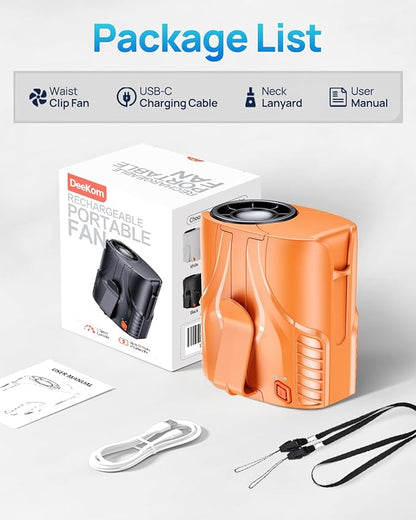 2025 Portable Personal Waist Fan& Neck Fan, 14000RPM Brushless Motor, 40H Runtime Rechargeable, 6-Speed Quiet Operation, Clip-On Personal Body Cooling for Camping/Worksites/Outdoor