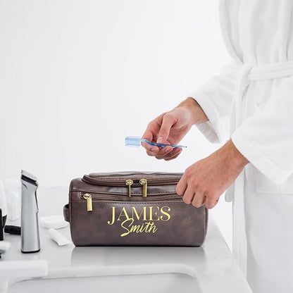 Personalized Toiletry Bag for Men, Engraved Name Initials Toiletry Bag, Customized Monogram Travel Shaving Dopp Kit for Groomsmen, Gift for Christmas, Birthday, Dad, Husband (Dark Coffee)