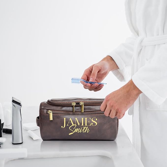 Personalized Toiletry Bag for Men, Engraved Name Initials Toiletry Bag, Customized Monogram Travel Shaving Dopp Kit for Groomsmen, Gift for Christmas, Birthday, Dad, Husband (Light Brown)
