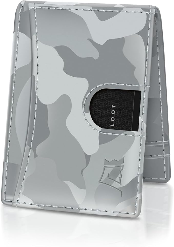 Kings Loot Money Clip Slim Minimalist Wallet for Men – RFID Blocking Leather Design with Money Clip – Front Pocket Bifold Holds 12 Cards – Stylish & Compact Wallets (Camo White)