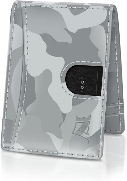 Kings Loot Money Clip Slim Minimalist Wallet for Men – RFID Blocking Leather Design with Money Clip – Front Pocket Bifold Holds 12 Cards – Stylish & Compact Wallets (Camo White)