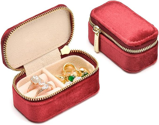 TAIMY Small Travel Jewelry Case, Mini Tiny Plush Velvet Jewelry Box for Women and Girls, Pocket Size Jewelry holder organizer for Rings Earrings and Small Items(Burgundy)