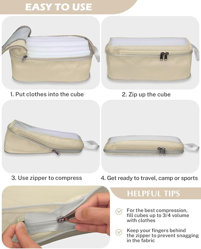 Gonex 8 Set Expandable Mesh Packing Cubes for Travel Essentials, Compression Organizer with Toiletry, Laundry, Shoe, Cable Bags - Beige