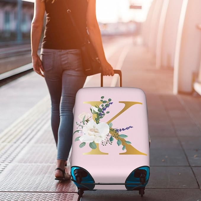 Flower Letter K Pink Luggage Cover Elastic Washable Stretch Suitcase Protector Anti-Scratch Travel Suitcase Cover for Kid and Adult L (25-28 inch suitcase)