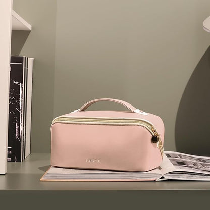 Prite Makeup Bag for Women Travel Waterproof Vegan Leather Cosmetic Bag Open Flat Toiletry Bag With Clear Divider and Handle (Pink)