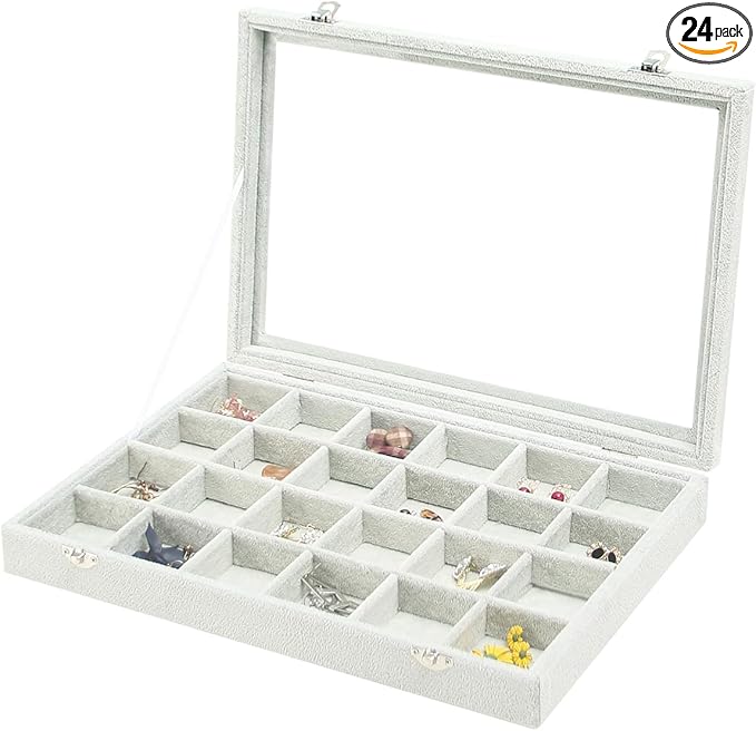 Coward Jewelry Organizer Tray Box, 24 Grids Ring Earring Chain Bracelet Necklace Jewelry Bead Display Holder Tray Case with Transparent Glass Lid for Home Drawer or Shop Selling