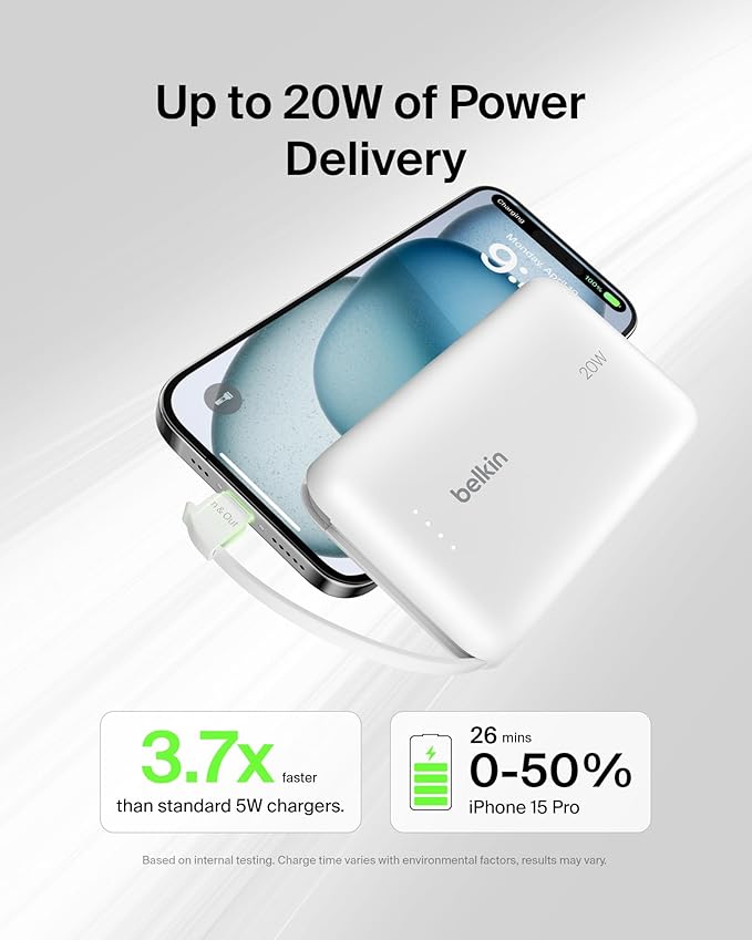 Belkin Portable Charger, Power Bank with Integrated Cable 10000 mAh 20W - Fast Charge USB C Power Delivery - iPhone 17, Air, Pro, Pro Max, iPad, AirPods, Apple Watch, Galaxy S25, & More - White