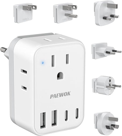 International Power Adapter Set, US to EU/UK/AUS/Japan Universal Travel Adapter- 4 AC Outlets 4 USB Ports (2 USB C), Worldwide Travel Plug Adapter Kit Include Type F/G/I/C/B/A Detachable Charger Plug