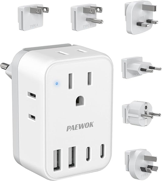 International Power Adapter Set, US to EU/UK/AUS/Japan Universal Travel Adapter- 4 AC Outlets 4 USB Ports (2 USB C), Worldwide Travel Plug Adapter Kit Include Type F/G/I/C/B/A Detachable Charger Plug