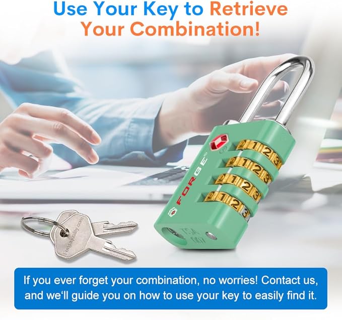 Forge Dual-Opening: Key or Combination Access Lock, TSA Approved Locks for Luggage, Pelican case, Travel, Gym, School, Stainless Steel Shackle. (Multi Color, 4 Pk)