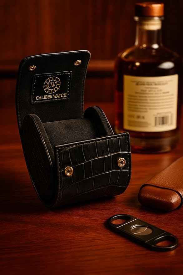 Genuine Napa Leather Watch Roll Travel Case for 3 Watches - Travel Watch Rolls and Leather Watch Display Cases with Velvet Interior - Watch Storage Organizer Men's (Blac - Single)