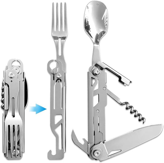 6 in 1 Detachable Camping Utensils Flatware Set, Multifunction Travel Pocket Cutlery Folding Spoon, Fork, Knife, Wine Bottle Can Opener Portable Combo Set Stainless Steel