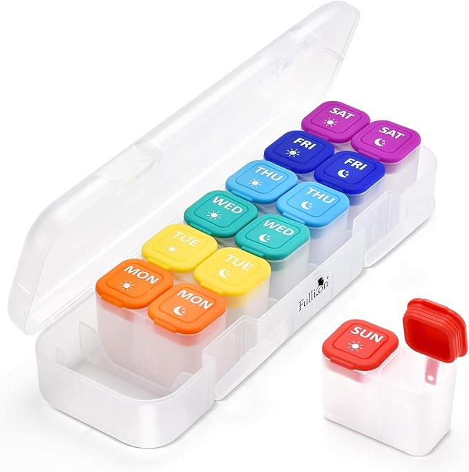 Fullicon Moisture-Proof Pill Organizer 2 Times a Day, Weekly Pill Boxes & Organiser with Silicone Lids, Large Capacity AM PM Pill Organizer 7 Day, Travel Pill Case for Vitamins (Clear Rainbow)