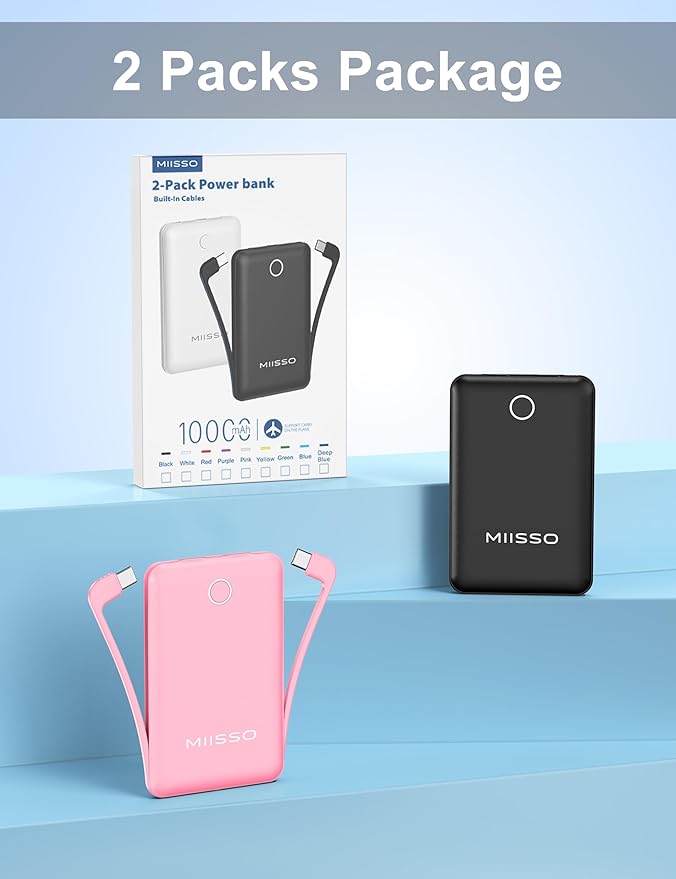 10000mAh Compatible with iPhone 15/16/17 and Android, Slim Portable Charger with Built in Cable, Power Bank Travel Charger External Battery Pack for Phone, 3 Output USB Type C, 2 Pack Black & Pink