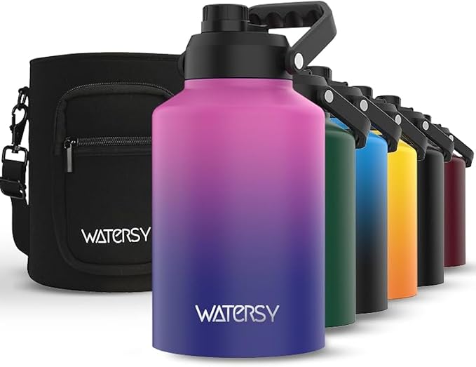 WATERSY 1 Gallon Water Bottle Insulated(Cold for 48 Hrs),BPA Free&Leak Proof,128oz Stainless Steel Water Jug,Big thermo,Large Water Bottle with Handle for Gym,Hiking,Camping&Travel,Gradient Purple
