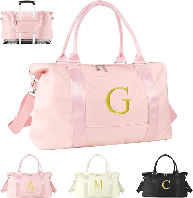 Personalized Initial Gym Dance Bag, Travel Duffel Bag for Teen Girls, Carry On Bag Overnight Weekender Bag with Trolley Sleeve, Birthday Gifts for Women Mom Daughter Graduation Gift(Letter G, Pink)