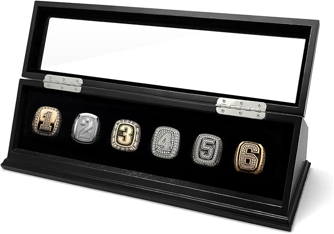 CHEZ MONETT 6-Slot Championship Ring Display Case – Sports Ring Holder Box (Matt Black, 6)