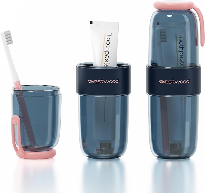 Luxury Transparent Blue Toothbrush Travel Case, Portable Travel Toothbrush & Toothpaste Holder Cover Organizer Container with Mouthwash Cup for Camping, Business Trips, Bathroom Storage