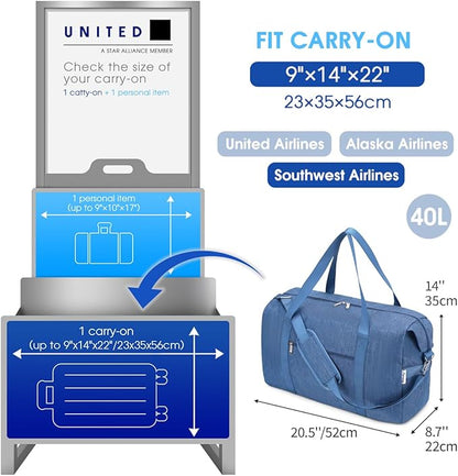 Narwey Carry on luaggage 22x14x9 Airlines Approved Foldable Carry on Bag Travel Duffel Packable Duffle with Wet Pocket Overnight for Women and Men 40L (Navy Blue)