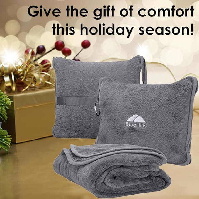 BlueHills Premium Soft Travel Blanket Pillow Airplane Flight Blanket Throw Bag Pillowcase Compact Large 2 in 1 Combo Warm Traveling Plane Essentials Portable Gifts Lightweight Grey Gray T007