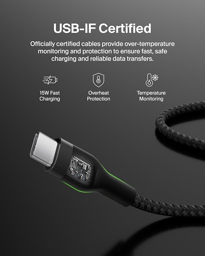 Belkin BoostCharge Pro Flex Braided USB-C to USB-A (2M/6.6ft) Fast Charging Cable USB-IF Certified for iPhone 16, iPhone 16 Pro, iPad Pro, Galaxy S25, S24, Pixel, Nintendo Switch 2 & More - Black