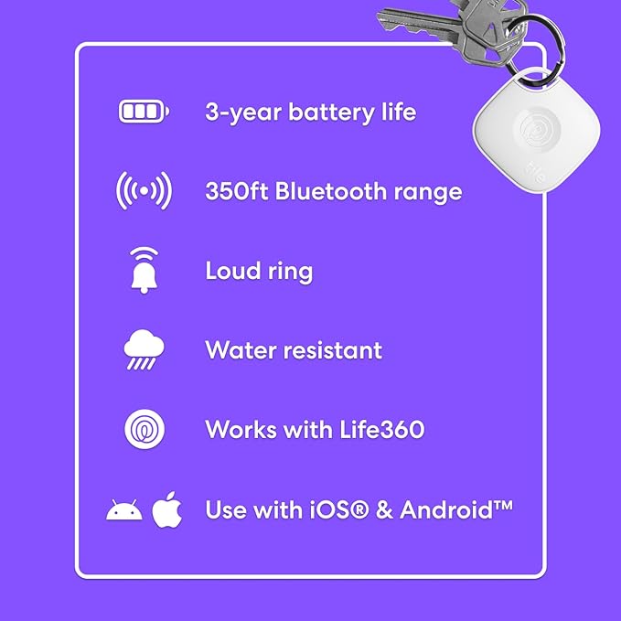 Tile by Life360 Mate - Bluetooth Tracker, Keys Finder and Item Locator for Keys, Bags and More. Phone Finder. Both iOS and Android Compatible. 1-Pack (White)