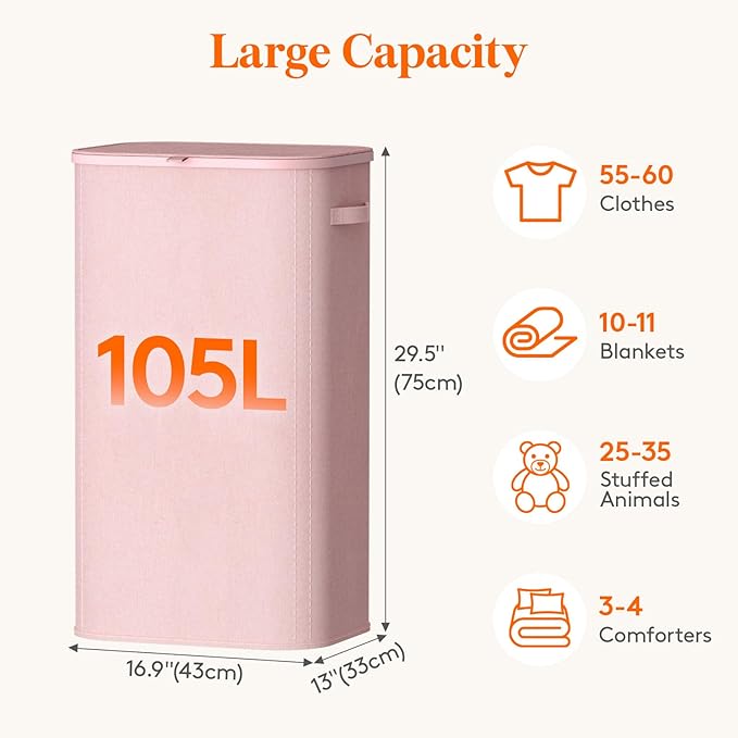 Lifewit 105L Laundry Basket with Lid, Large Laundry Hamper with Plastic Handles and Removable Bag, Foldable Tall Dirty Clothes Hampers for Laundry for Laundry Room, Bedroom, Bathroom, Dorm, Pink