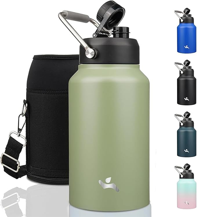 Jug with Handle,87 oz Insulated Water Bottle with Carrying Pouch, Double Wall Vacuum Stainless Steel Metal Bottle,Camp Green