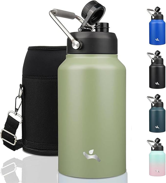 Jug with Handle,87 oz Insulated Water Bottle with Carrying Pouch, Double Wall Vacuum Stainless Steel Metal Bottle,Camp Green