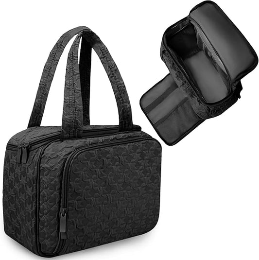 SUNRISING Travel Toiletry Bag Makeup Bag for Women, Large Water-Resistant Travel Cosmetic Make Up Bag with Handle，Travel Toiletry Bags for Compartments Accessories Essentials-Black