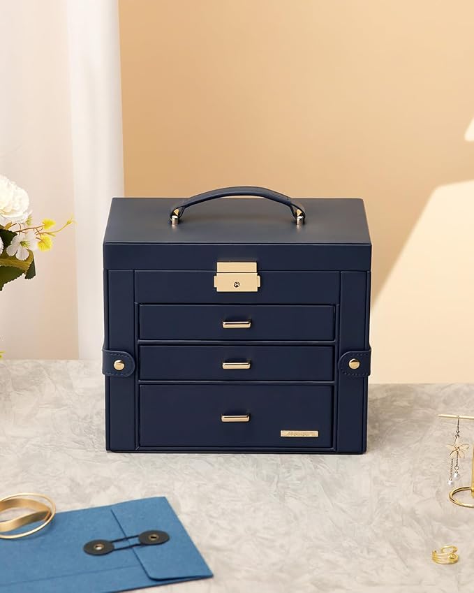 Homde 2 IN 1 Jewelry Box for Women Girls with Small Travel Case Mirror Necklace Ring Earrings Organizer - Christmas Gifts (Dark Blue + Gold)