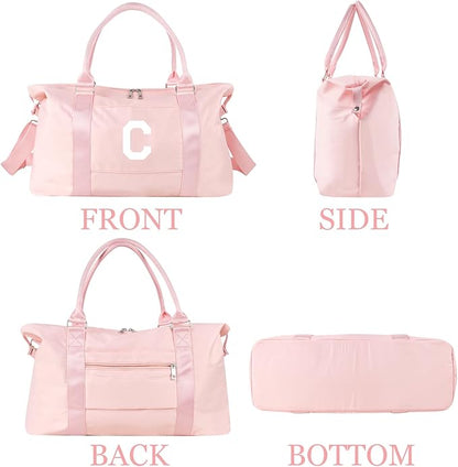 Initial Travel Duffel Bag Sports Gym Bag for Girls Teen Birthday Gifts,Pink Personalized Weekender Bag Carry On Tote Bags for Women Men,Waterproof Overnight Luggage Bag with Trolley Sleeve(Letter C)