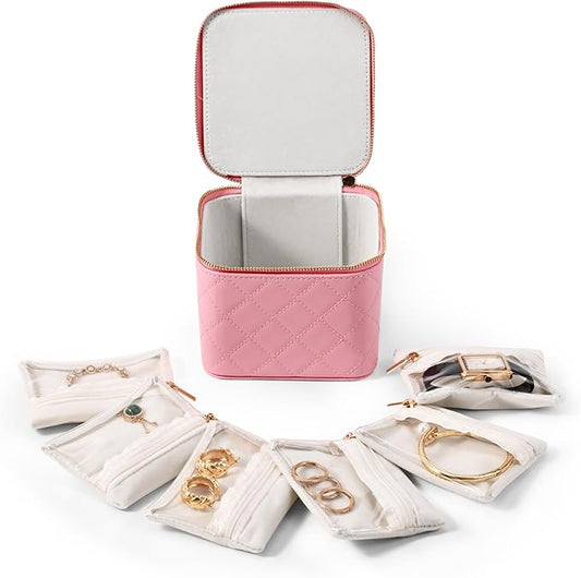 Travel Jewelry Box Organizer - Small Jewelry Case with 6 Small Velvet Zipped Pouches Pockets for Jewelry Necklaces Rings Earrings Storage(Pink)