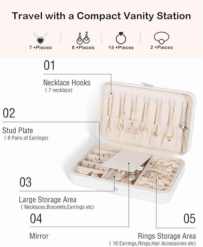 GUKA Travel Jewelry Case, Portable Jewelry Travel Organizer, PU Travel Jewelry Case Organizer for Rings Earrings Necklaces Bracelets Watch for Birthday Wedding Gifts. White