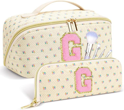 Personalized Travel Makeup Bag Set,Initial Travel Cute Floral Makeup Organizer Bag,Toiletry Skincare Cosmetic Bag,Christmas Gifts for Women/Girls,Open Flat Toiletry Pouch with Brush Pocket-G