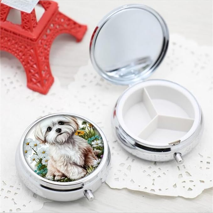 Pill Box,Flower Puppy Round Pill Box 3 Compartment Decorative Pocket Purse Portable Mini Travel Medicine Tablet Vitamin Holder Organizer Pill Case