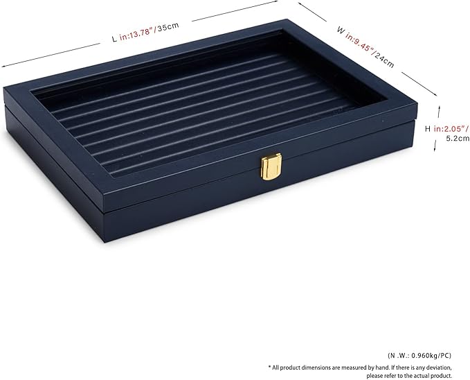 Oirlv Premium Blue Leather Rings Earrings Organizer Tray with Clear Lid Jewelry Display Box with Acrylic Lid Stackable Jewelry Box Drawer Inserts