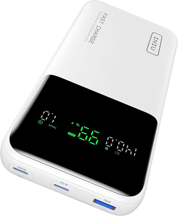 INIU 140W Power Bank, 25000mAh High Capacity Laptop & Phone Portable Charger, Fast Charging Flight Cruise Ship Family Essentials Traveling Powerbank for College Student Traveler Teen Boys Girls, White