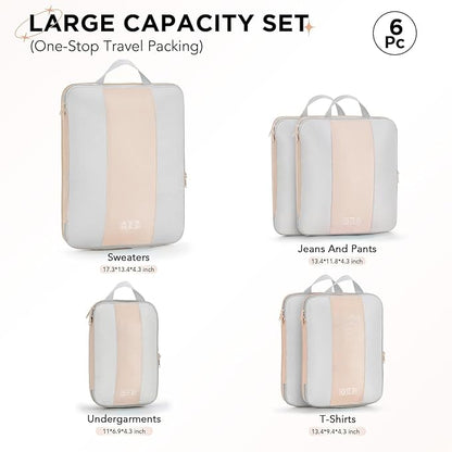 6 Set Compression Packing Cubes for Travel Essentials,Compressible Expandable Packing Cubes for Suitcase,OlarHike Luggage Organizer Bags for Travel,Handy Helper for Organizing Clothes(Beige)