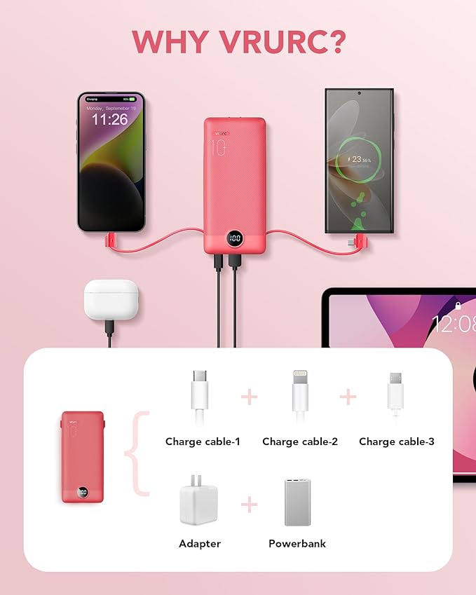 Portable Charger Built-in Cables and AC Wall Plug, VRURC USB C Power Bank 10000mAh, Travel Battery Portable Phone Charger Compact Lightweight External Battery Pack for SmartPhones,Tablets-Viva Magenta