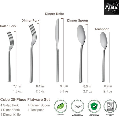 Alata Cube 20-Piece Forged Silverware Set Stainless Steel Flatware Set,Service for 4,Matte Satin Polished Cutlery Set,Dishwasher Safe