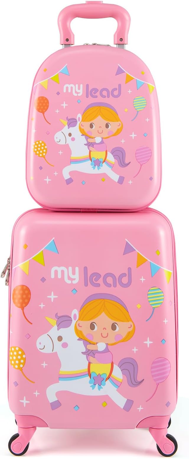 HONEY JOY Kids Luggage, Travel Backpack & Hard Shell Toddler Suitcase, Children Rolling Luggage with Wheels, Retractable Handle & 4 Casters, 2Pcs Carry On Luggage Set for Boys Girls(Pink Horse Girl)