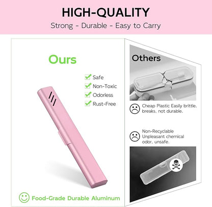 Travel Toothbrush Case, 2Pack Portable Toothbrush Holders, Durable Aluminum Toothbrush Storage Box, Small Breathable Manual Toothbrush Container for Traveling, Camping, Business Trip - Pink