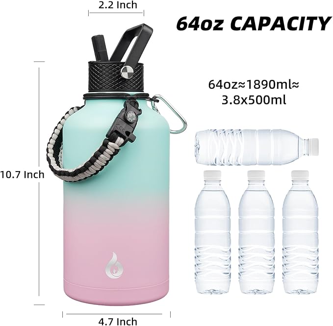 BJPKPK Half Gallon Insulated Water Bottles with 3 Lids and Paracord Handle, 50oz, 64oz, 87oz, 128oz Large, Stainless Steel Water Bottles with Straw Lid, Half Gallon Water Jug,Marshmallow