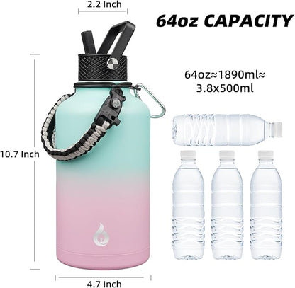 BJPKPK Half Gallon Insulated Water Bottles with 3 Lids and Paracord Handle, 50oz, 64oz, 87oz, 128oz Large, Stainless Steel Water Bottles with Straw Lid, Half Gallon Water Jug,Marshmallow