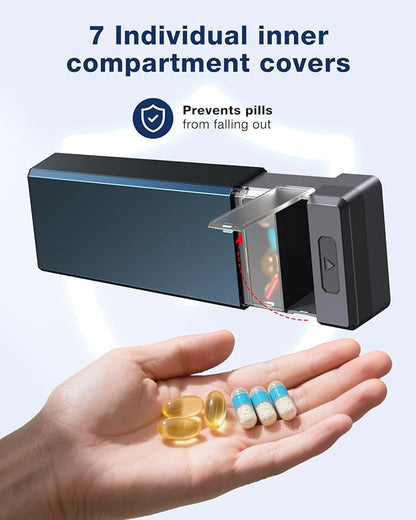 HEIYING 7 Days Pill Organizer with Aluminum Shell for One Week Capacity, Portable Metal Pill Case to Hold Vitamin, Medicine, Supplements