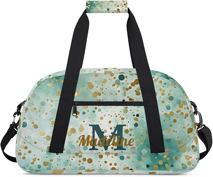 Personalized Kids Sports Duffel Bag with Name Custom Weekender Overnight Bag for Boys Girls Gym Bag Travel Dance Gymnastics Duffel Bag, Green Glitter Golden Shiny